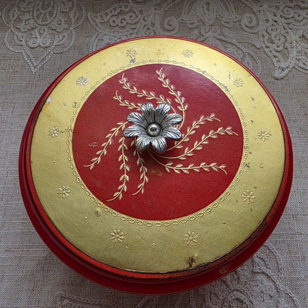 Vintage Glass Powder Puff Box Vanity Jar Red Gold Floral Metal Lid